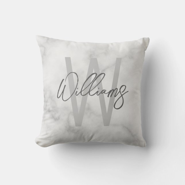 White Marble Script Personalised Monogram and Name Cushion (Front)