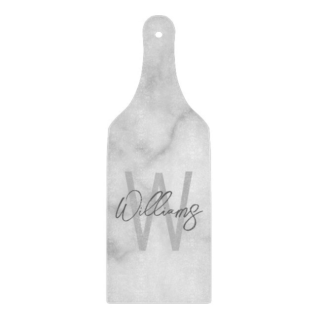 White Marble Script Personalised Monogram and Name Cutting Board (Front)