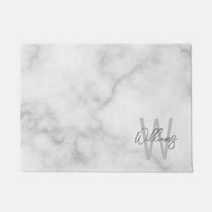 White Marble Script Personalised Monogram and Name Doormat