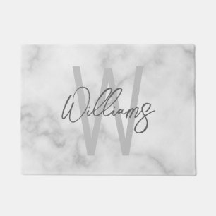 White Marble Script Personalised Monogram and Name Doormat