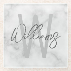 White Marble Script Personalised Monogram and Name Glass Coaster