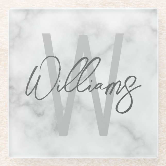 White Marble Script Personalised Monogram and Name Glass Coaster (Front)
