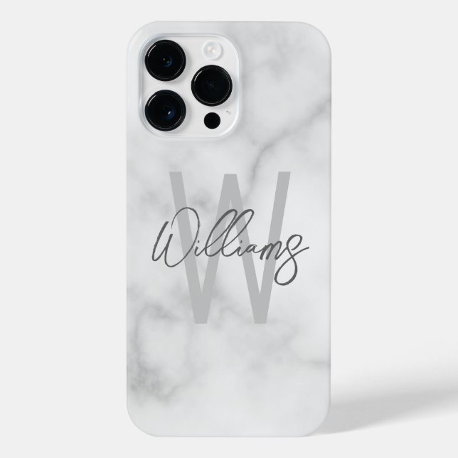 White Marble Script Personalised Monogram and Name iPhone Case (Back)