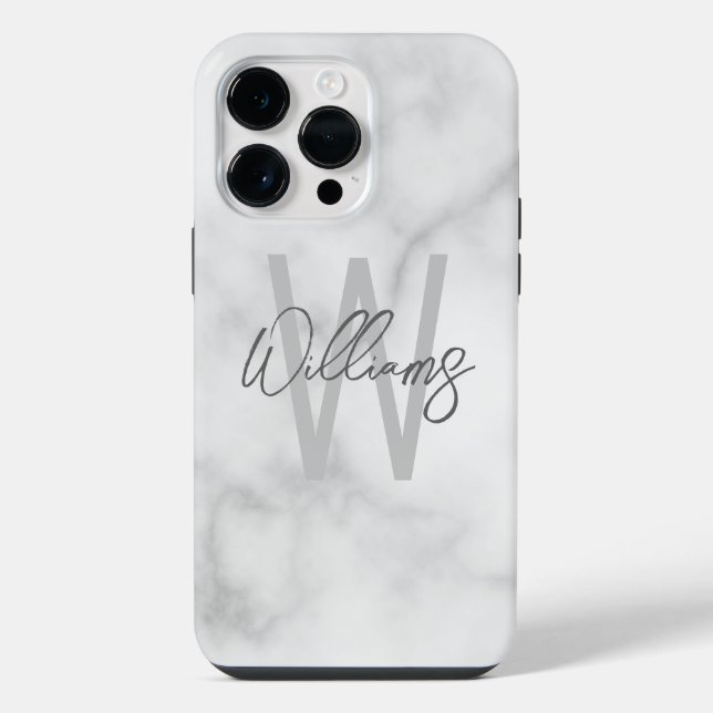 White Marble Script Personalised Monogram and Name iPhone Case (Back)