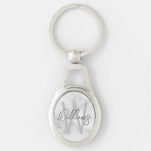 White Marble Script Personalised Monogram and Name Key Ring