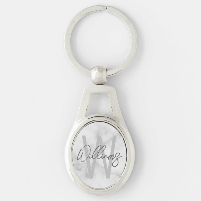 White Marble Script Personalised Monogram and Name Key Ring (Front)