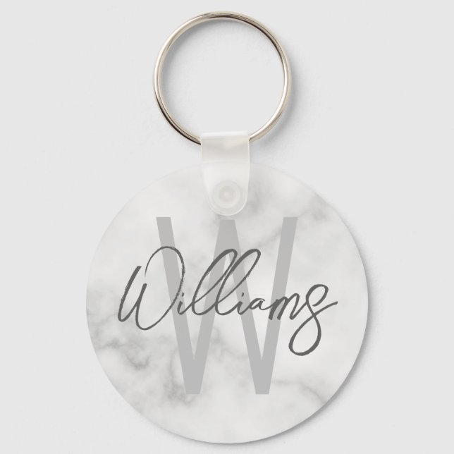 White Marble Script Personalised Monogram and Name Key Ring (Front)
