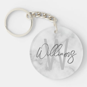 White Marble Script Personalised Monogram and Name Key Ring