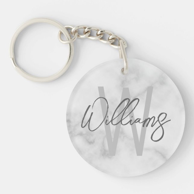White Marble Script Personalised Monogram and Name Key Ring (Front)
