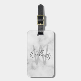 White Marble Script Personalised Monogram and Name Luggage Tag