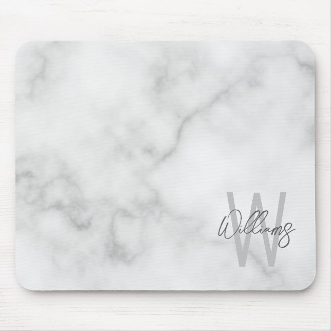 White Marble Script Personalised Monogram and Name Mouse Pad (Front)