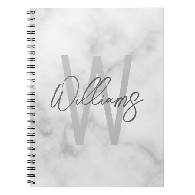 White Marble Script Personalised Monogram and Name Notebook (Front)