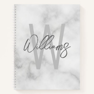 White Marble Script Personalised Monogram and Name Notebook