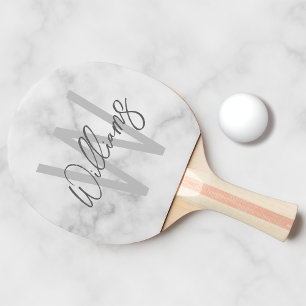 White Marble Script Personalised Monogram and Name Ping Pong Paddle