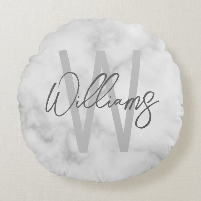 White Marble Script Personalised Monogram and Name Round Cushion (Front)