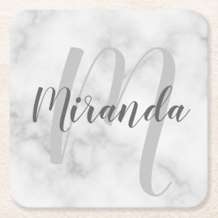 White Marble Script Personalised Monogram and Name Square Paper Coaster