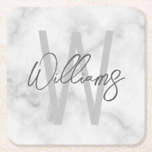 White Marble Script Personalised Monogram and Name Square Paper Coaster