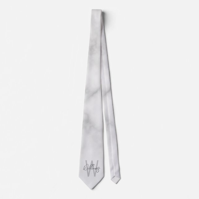 White Marble Script Personalised Monogram and Name Tie (Front)