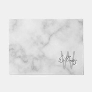 White Marble Script Personalized Monogram and Name Doormat