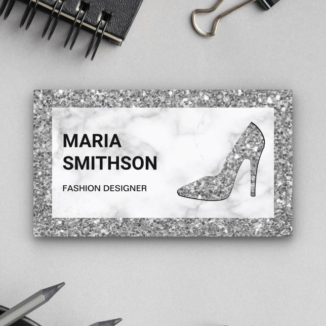 White Marble Silver Glitter High Heels Business Card (Creator Uploaded)