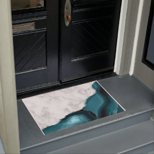 White Marble Silver Glitter Teal Blue Agate Doormat