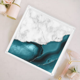 White Marble Silver Glitter Teal Blue Agate Square Acrylic Tray