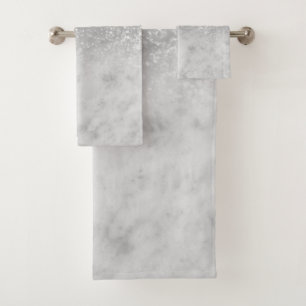 White Marble Silver Ombre Glitter Glam #1 Bath Towel Set