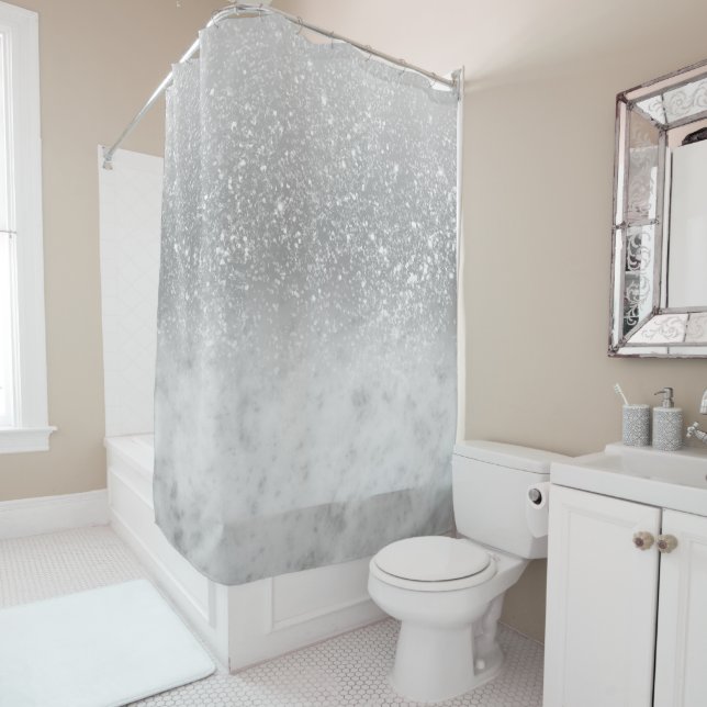 White Marble Silver Ombre Glitter Glam #1 Shower Curtain (In Situ)