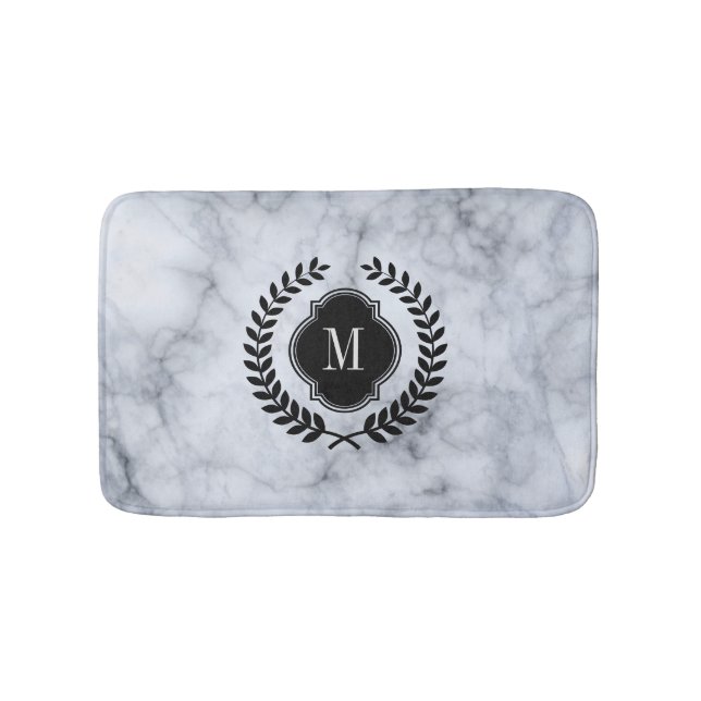 White Marble Stone Black Wreath Crest Bath Mat (Front)