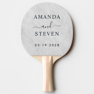 White Marble Stone Couple Names with Wedding Date Ping Pong Paddle