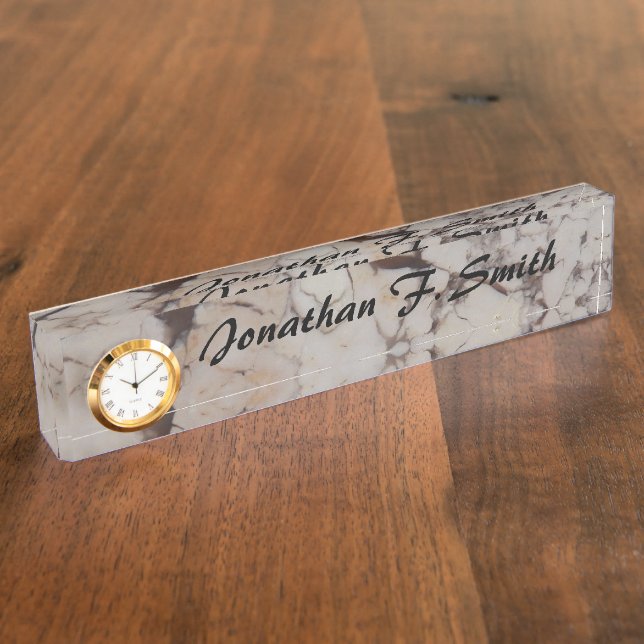 White Marble Stone Desk Name Plate with Clock (Side)