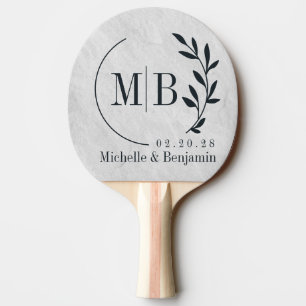 White Marble Stone Leaf Wedding Monogram Ping Pong Paddle