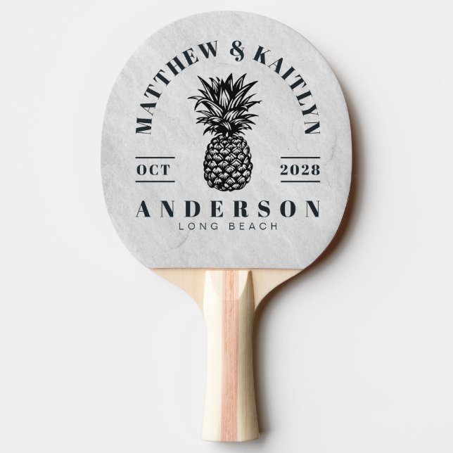 White Marble Stone Tropical Pineapple WeddingCrest Ping Pong Paddle (Back)