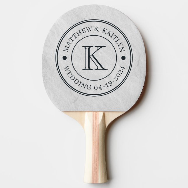 White Marble Stone Wedding Monogram Ping Pong Paddle (Back)