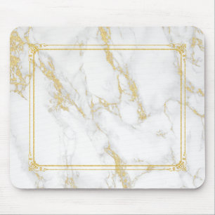 White Marble Stone With Gold Glitter Frame Mouse Pad