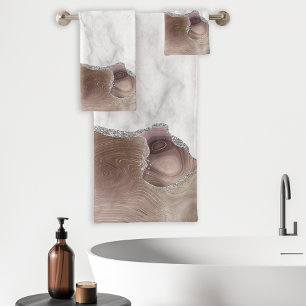 White Marble Taupe Agate Silver Glitter Bath Towel Set