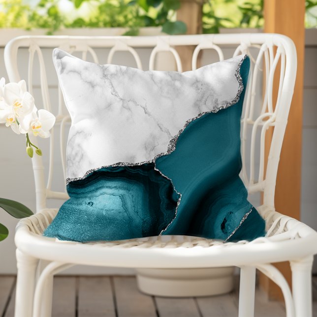 White Marble Teal Agate Silver Cushion (Creator Uploaded)