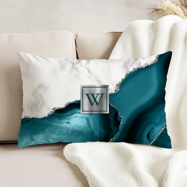 White Marble Teal Agate Silver Glitter Monogram Decorative Cushion (Creator Uploaded)