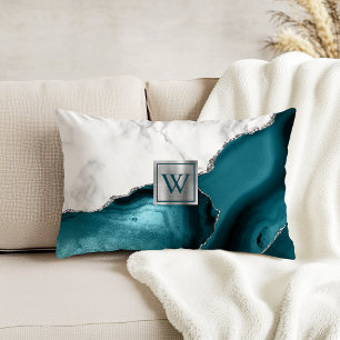 White Marble Teal Agate Silver Glitter Monogram Decorative Cushion