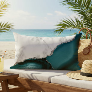 White Marble Teal Agate Silver Outdoor Lumbar Cushion
