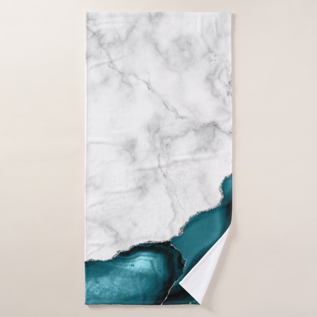 White Marble Teal Blue Agate Silver Glitter Bath Towel (Bath Towel)