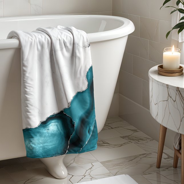White Marble Teal Blue Agate Silver Glitter Bath Towel (Creator Uploaded)