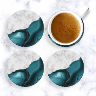 White Marble Teal Blue Agate Silver Glitter Coaster