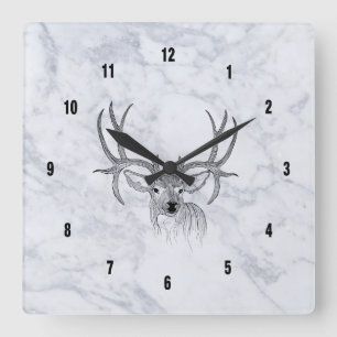 White Marble Texture & Black Deer Illustration Square Wall Clock