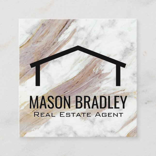White Marble Texture | Roof Icon Square Business Card (Front)