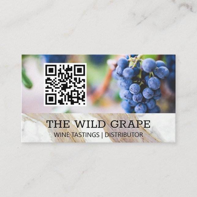 White Marble Texture | Wine Grapes | QR Code Business Card (Front)