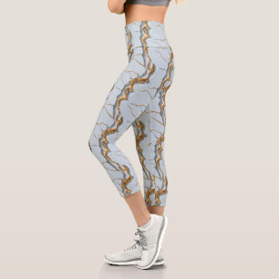 White Marble Texture with Cracked Gold Veins Capri Leggings