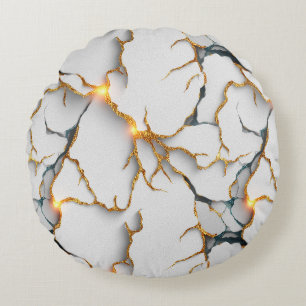 White Marble Texture with Glowing Gold Veins Round Cushion