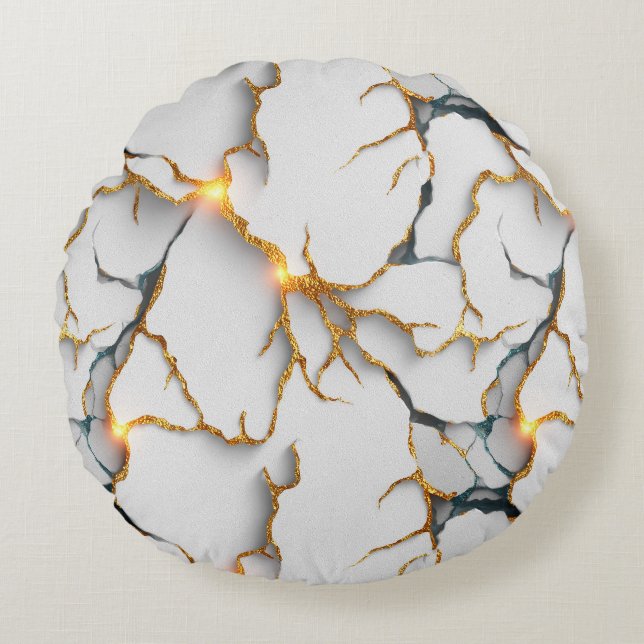 White Marble Texture with Glowing Gold Veins Round Cushion (Front)