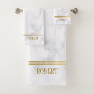 White marble texture with gold stripes bath towel set